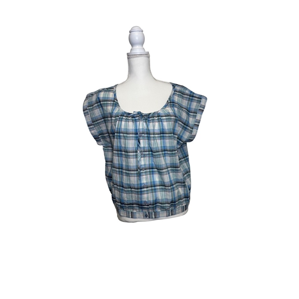 Lucky Brand Women's Blue Plaid Short Sleeve Button Down Top Size XXL